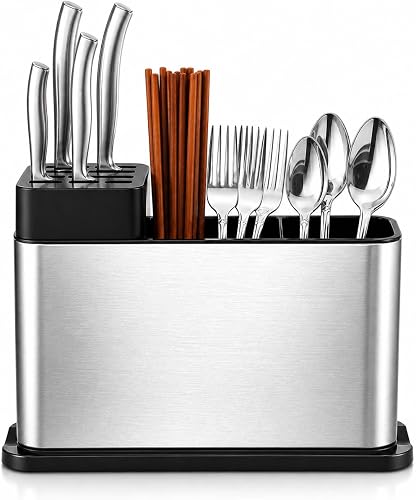 Stainless Steel Cutlery Organiser with 3 Compartments, Detachable Utensil Holder with Knife Slots, Quick Drainage Base, Non-Slip Bottom, Kitchen Counter Storage Rack, Silver