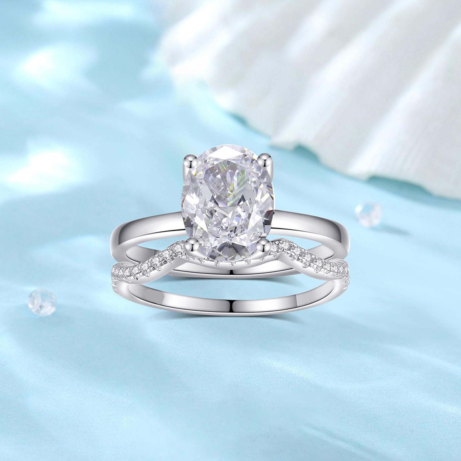 Set di anelli di fidanzamento in oro bianco 18 carati, personalizzabili, eleganti e ondulati da 2,5 carati, ovali con moissanite StackerRing da donna