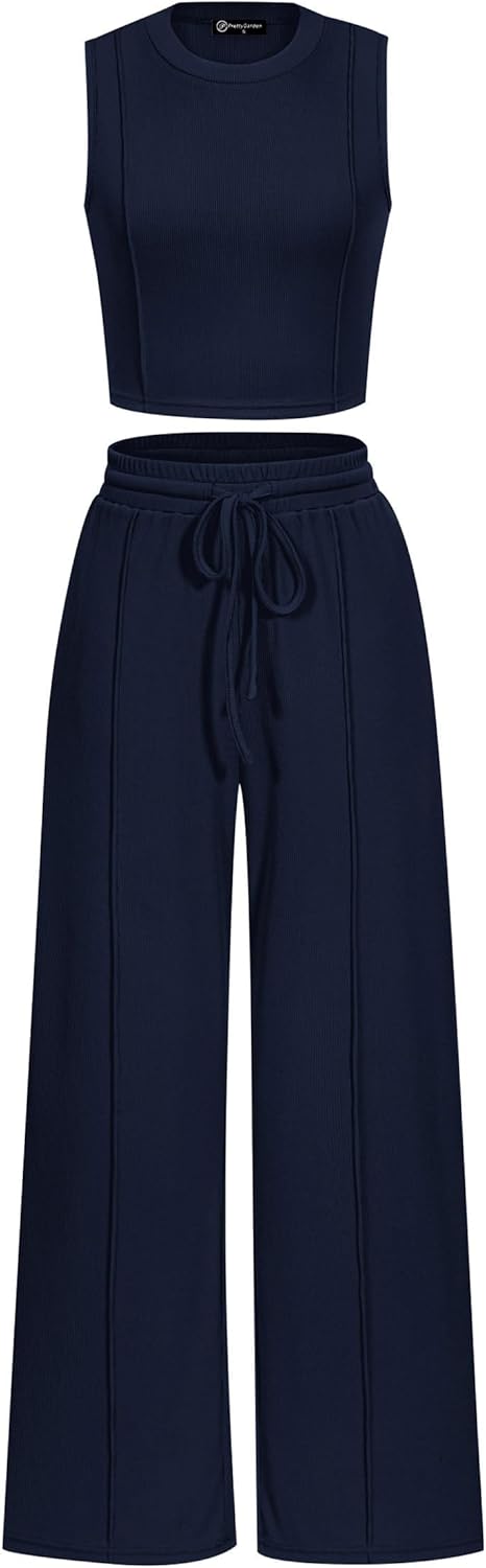 PRETTYGARDEN Women's Summer 2 Piece Loungewear Set Cropped Tank Top Wide Leg Sweatpants Tracksuit Casual Outfits