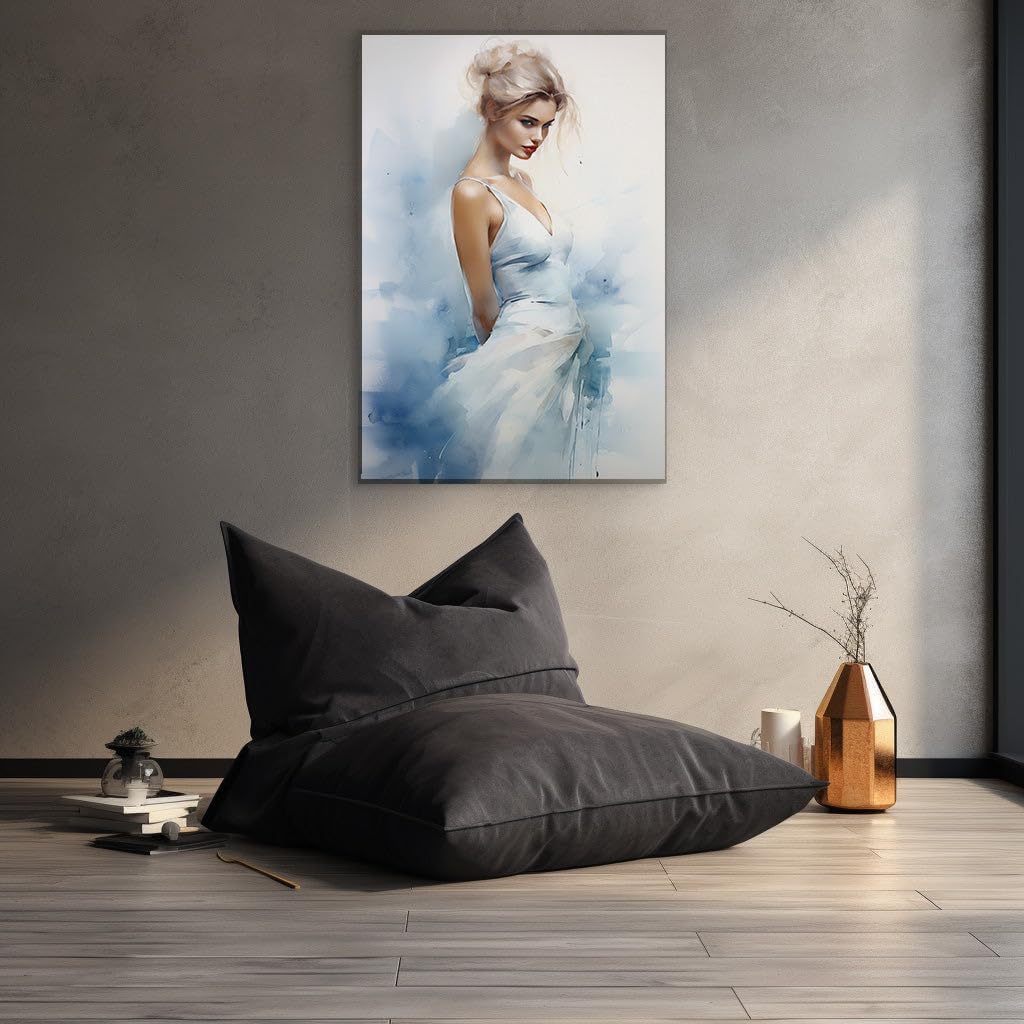 Canvas for Living room. Whisper of Elegance: A Vision in White Against a Watercolor Sky, 27 x 18 inch Canvas Wall Art - Contemporary Masterpieces - Modern Home Decor