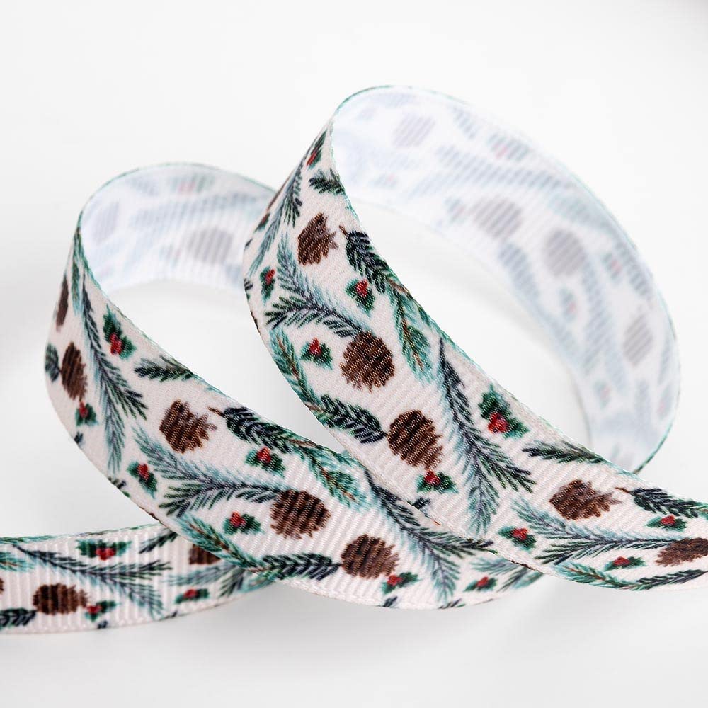 Pine Cones and Holly Grosgrain Ribbon, Christmas Ribbon for Crafts, Gift Wrap...