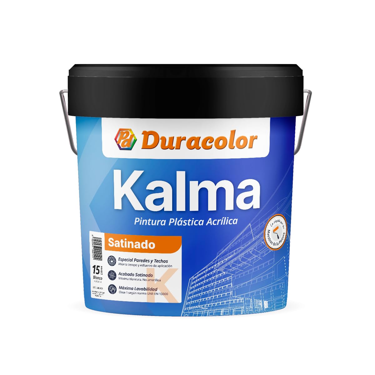 Pintura Kalma Satinada - Color Blanco - 15 Litros - Pintura Plástica Vinílica - No Amarillea - Revestimiento Lavable - Aplicación en Interiores - Duracolor