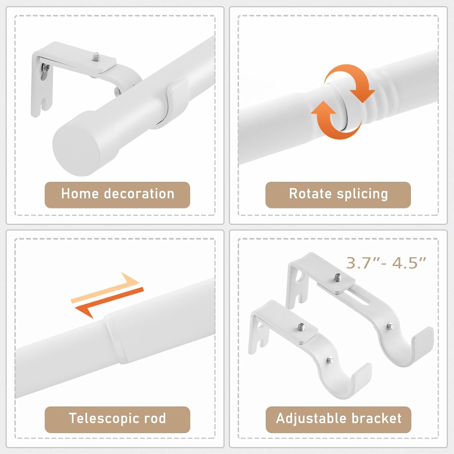 White Curtain Rods 2 Pack Set Adjustable 16-48 Inch Heavy Duty Telescoping 1 Inch Diameter Metal Window Rod with Extendable Mounting Brackets Matte White Finish Home Decor Easy Install
