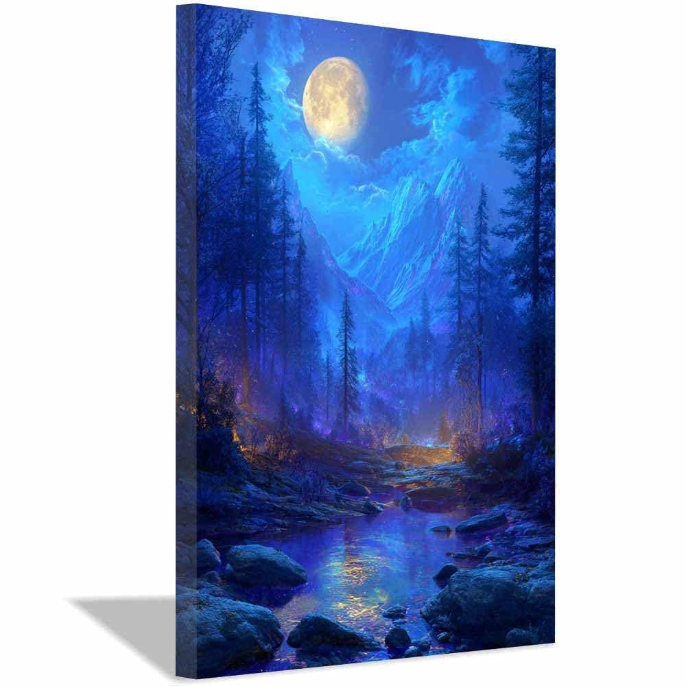 HUYEEI Canvas Print Wall Art Moonlit Mountain Modern Nature Landscape Poster, for living room, bedroom,Corridor Office Room Decoretc.(blue)-70x100cm Framed