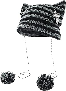 Crochet Hats for Women Cat Beanie Y2K Hats Vintage Y2k Beanie Knit Hat for Women Girls Fox Hat Grunge Accessories Y2K Accessories Grunge Clothes Cat Ear Beanie Goth Emo Hats Slouchy Beanies for Women