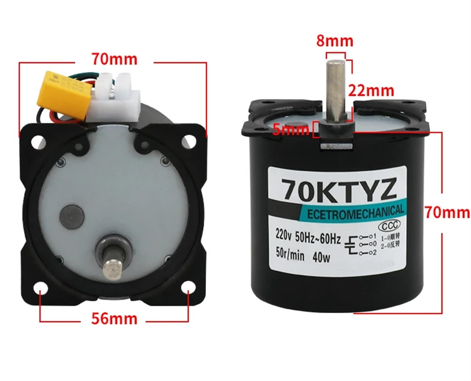 Motorreductor de 220 V CA, 40 W, 70 KTYZ, motor sincronismo magnético permanente con soporte, 1 unidad(60RPM)