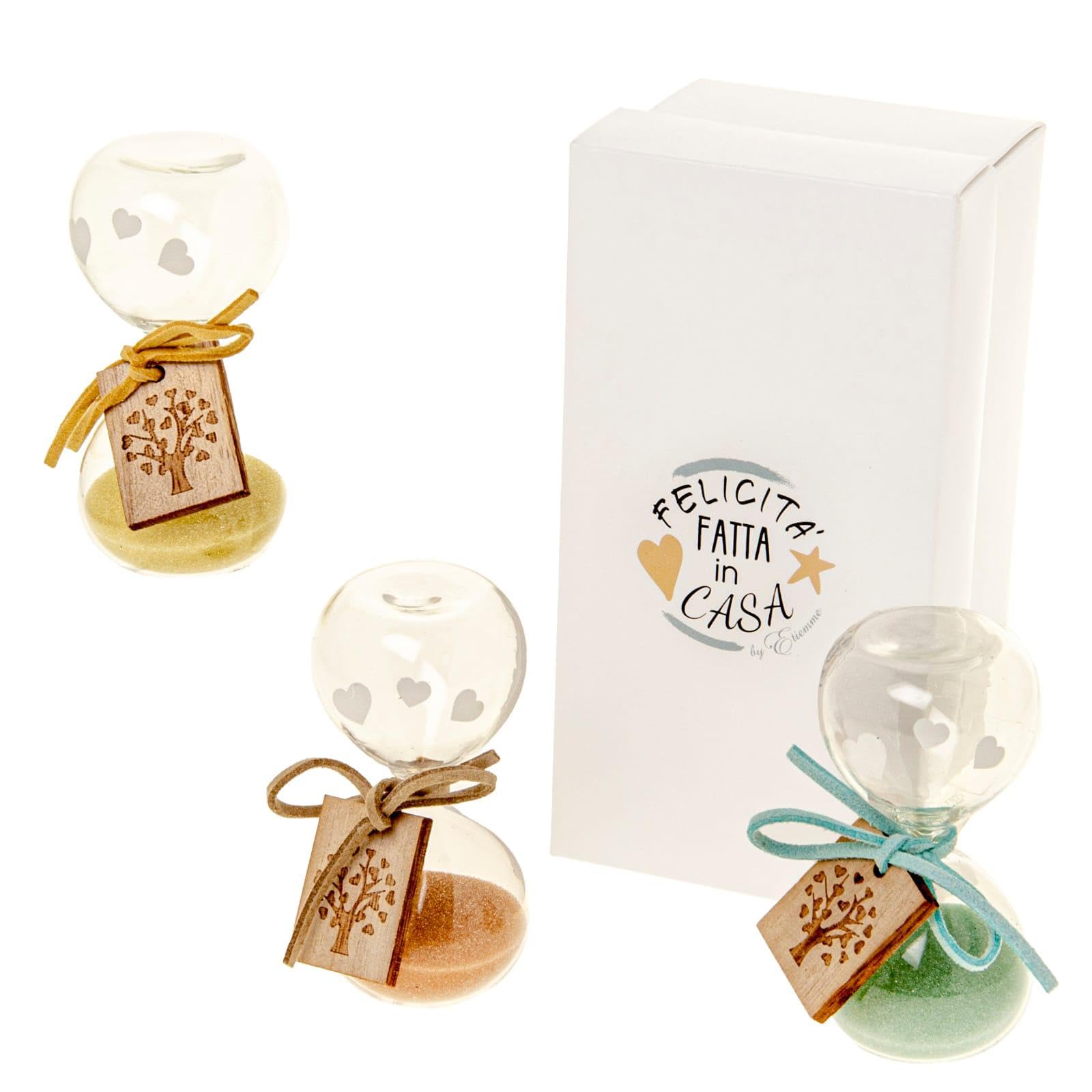 Generico Nuovissima Clessidra NUANCE VARIE MISURE E COLORI con bellissima SCATOLA REGALO e tag in legno idea regalo bomboniera bomboniere per cerimonia (1pz Sabbia Colorata 8cm