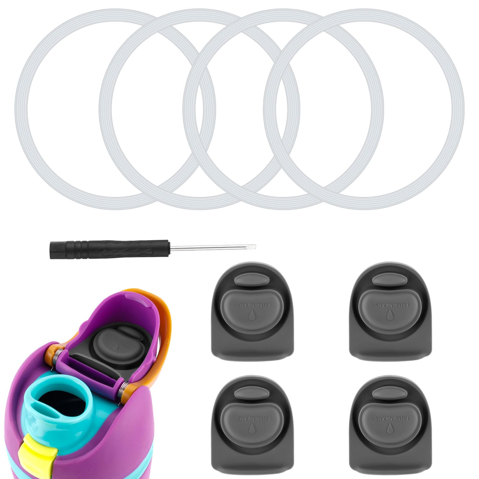 4pcs Replacement Stoppers with 4pcs Bottle Seal Rings for Owala FreeSip 24oz 32oz, BPA-Free Silicone O Ring Water Bottle Top Lid Replacement Parts for 16/19/24/32/40oz Gasket Plug Accessories(Grey)