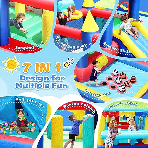 Inflatable Bounce House with Slide, 7 in 1 Bouncy Castle with 520w Blower,Toy Market Stand, Tic-tac-Toe, Jumping Area, Basketball, Boxing Column, Bouncer House for 3-10 Kids Indoor Outdoor