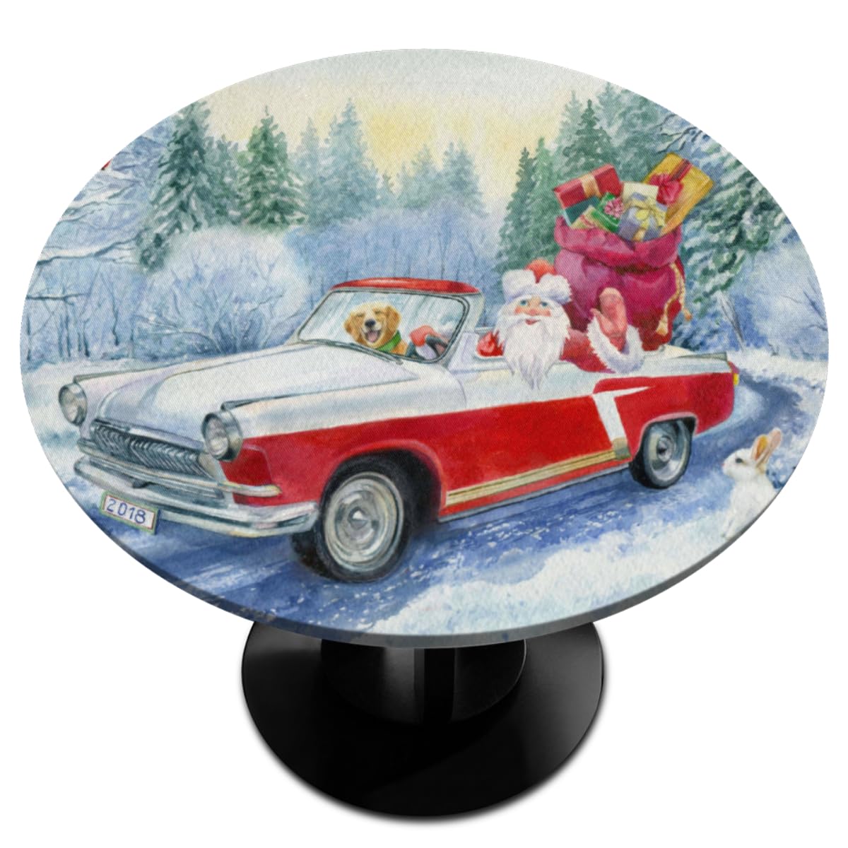 XMNYGJ Christmas Santa Claus Dog Round Fitted Tablecloth with Elastic Edge Waterproof Stain Resistant Table Cover Oil Proof Wipeable Table Cloth for Indoor Outdoor Fits Tables up to 45