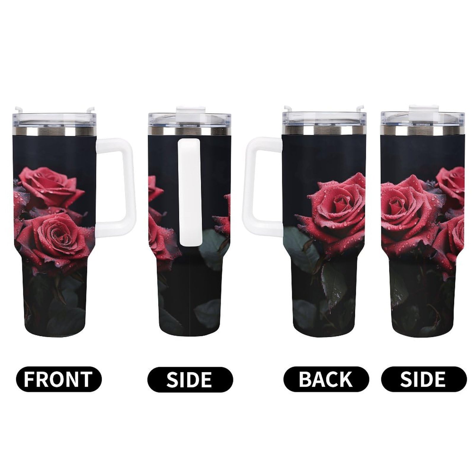 Tazas de rosa roja y hojas negras con popote y asa, taza de café con aislamiento al vacío de doble pared, botellas de agua para café helado, té, bebida caliente y fría