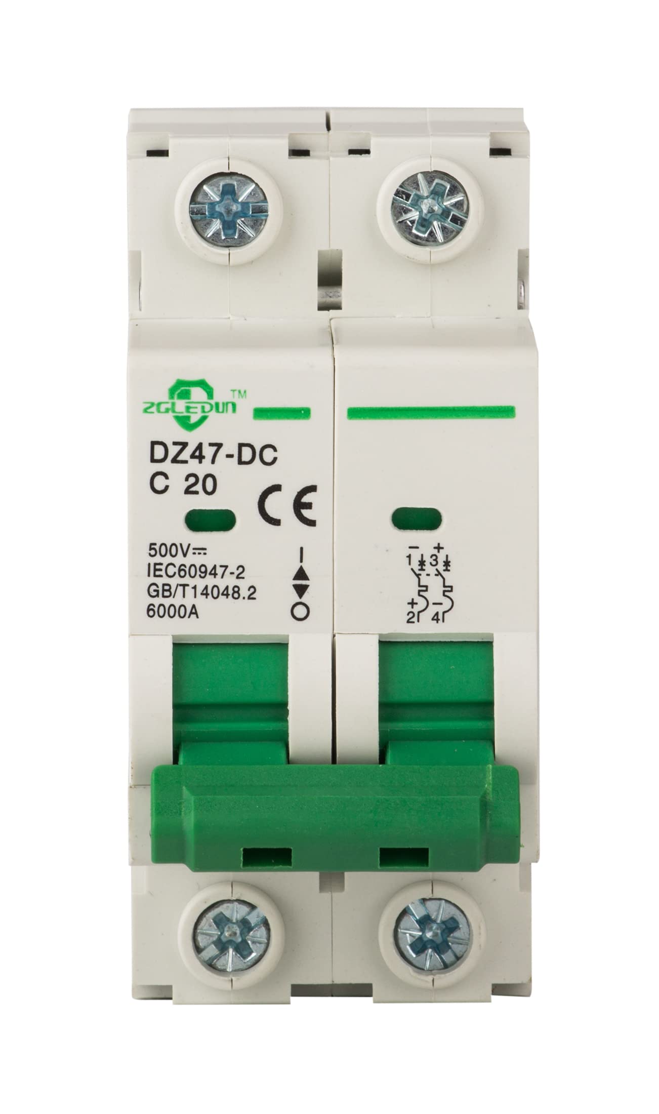 DC Miniature Circuit Breaker, 2 pole 20 Amp, 24VDC-500VDC, 6kA Din Rail Mount Breaker with Thermal Magnetic Trip, DZ47-63 2P, DC Solar MCB 20A