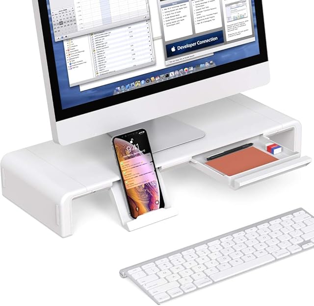 EURPMASK Computer Monitor Stand Adjustable Foldable Width Desktop Riser Storage Drawer Tablet Phone Stand 50KG Load Capacity For Monitor/Laptop/TV Printer/Fax Machine/Computer/iMac Notebook White