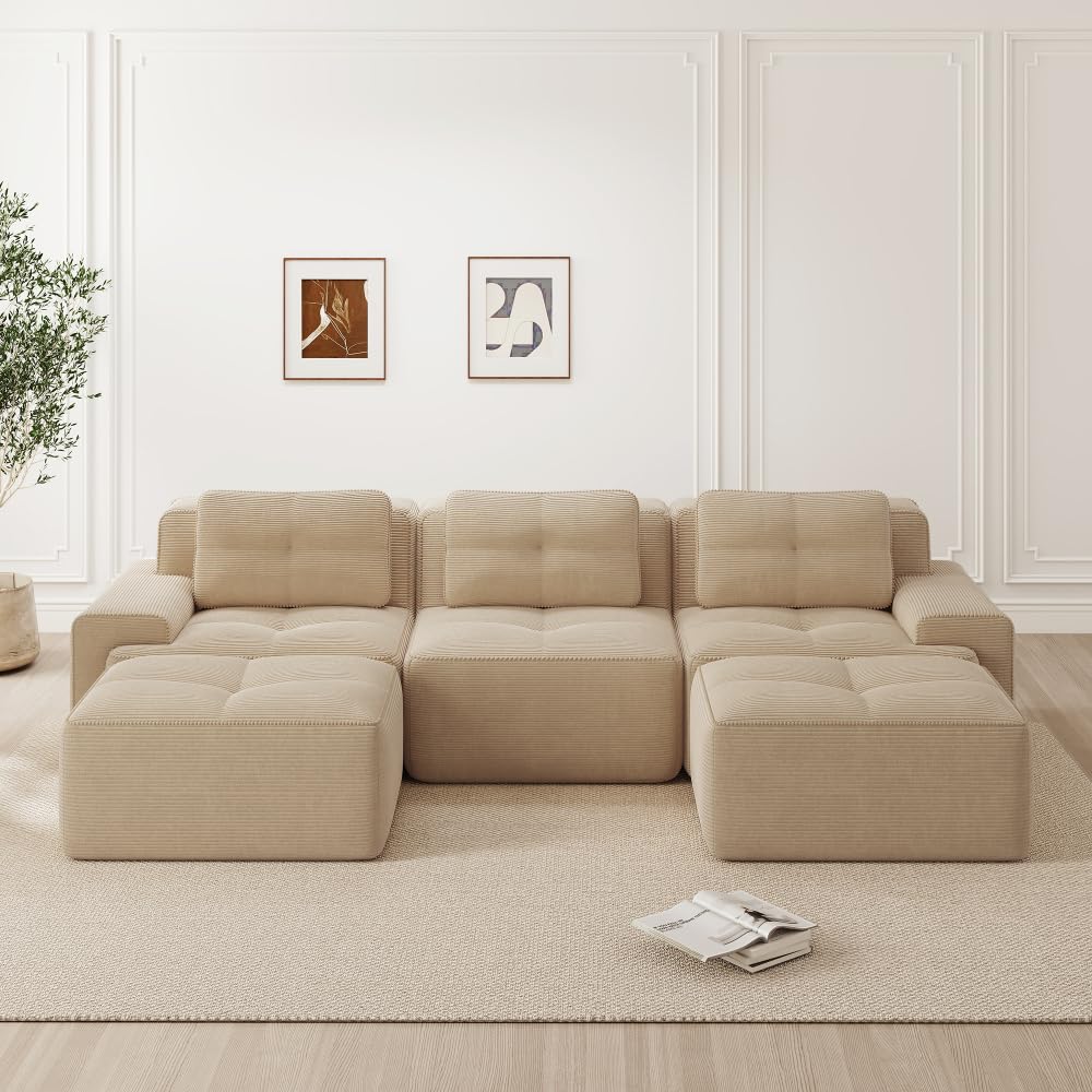 Divano modulare angolare a U,divano componibile Boneless 3 posti con 2 poggiapiedi,divano a compressione senza montaggio,divano con seduta profonda,divani Componibili 5 posti,velluto a coste,Beige