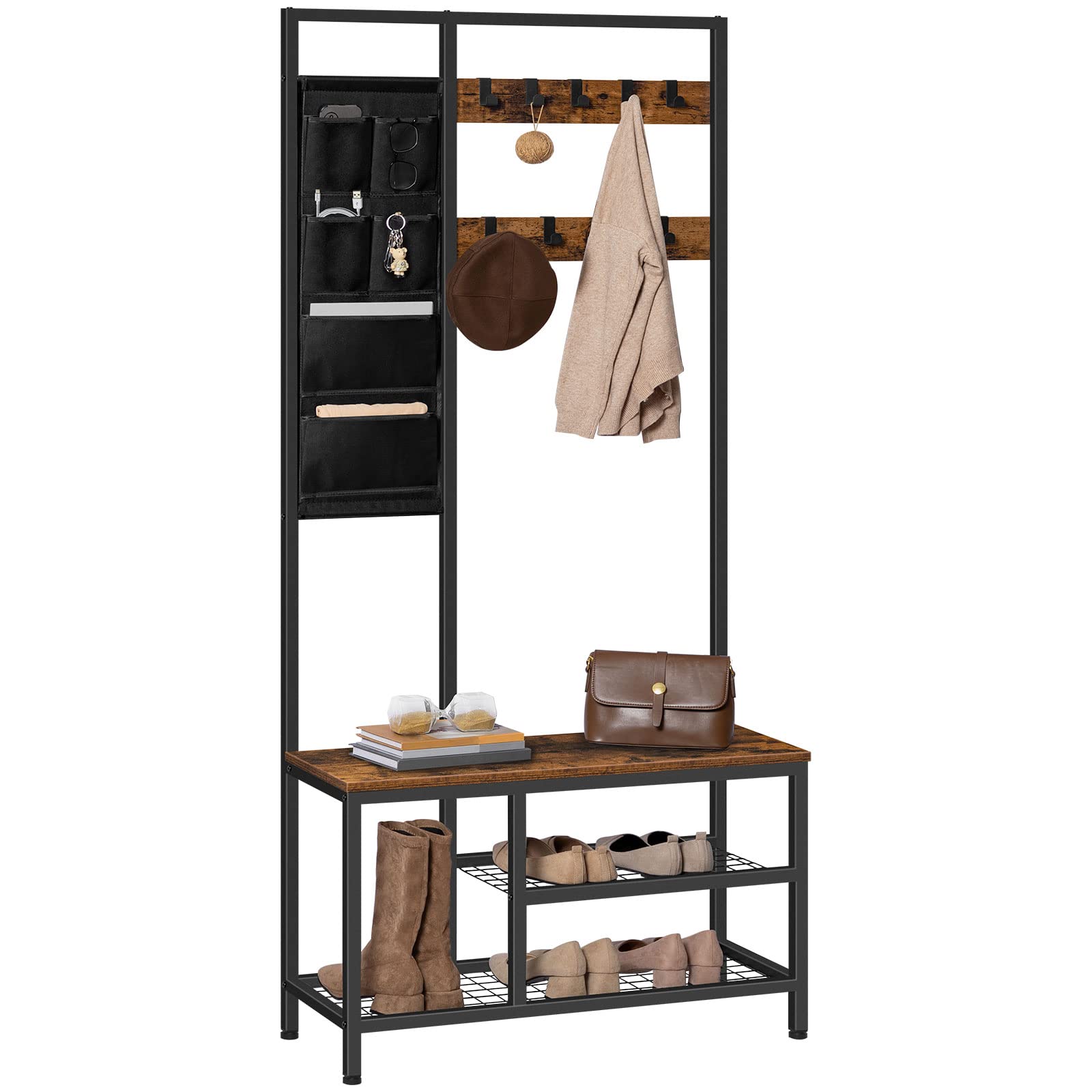 HOOBRO Perchero, Recibidor Perchero, Zapatero con 3 Capas Estantería, Árbol del Vestíbulo, 9 Ganchos Extraíbles, Industrial, Estructura Metálica, para Entrada, Sala de Estar, Dormitorio EBF24MT01