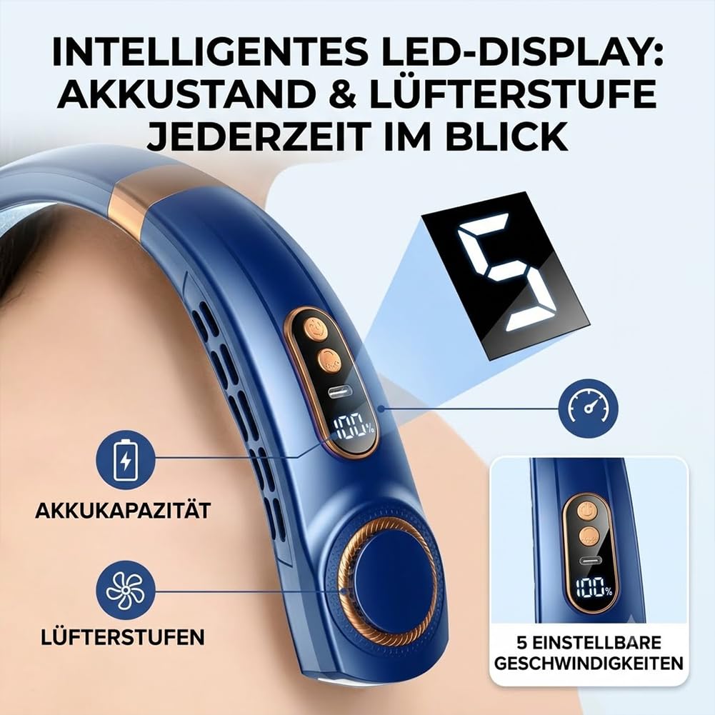 Nackenventilator mit Kühlung, Tragbarer Hals Ventilator Leise, 5 Geschwindigkeiten, Wiederaufladbarer Nackenlüfter mit Akku und LED-Display, Bladeless Ventilator für Nacken