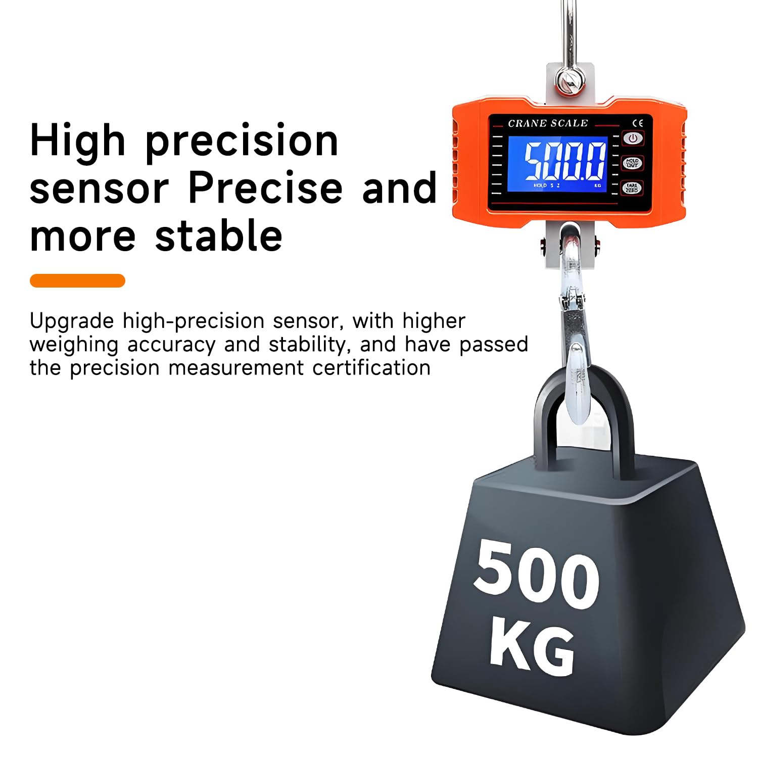 QUMOX Balance suspendue numérique 1000 kg avec télécommande – Boîtier robuste en alliage d'aluminium, crochet en acier fin, écran LCD rétroéclairé, alimentation par piles,Orange
