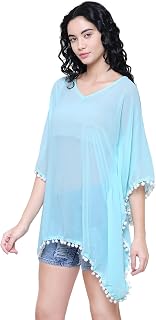 InTrend Forever Mint Blue Georgette Kaftan Beach Wear Cover Up Top for Women with White Pom Pom Lace Free Size Price In India