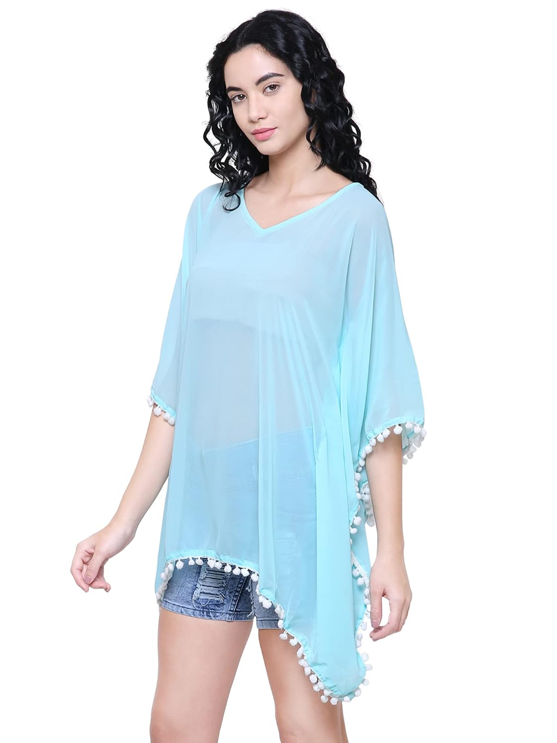 InTrend Forever Mint Blue Georgette Kaftan Beach Wear Cover Up Top for Women with White Pom Pom Lace Free Size - Review, Price and Buying Guide