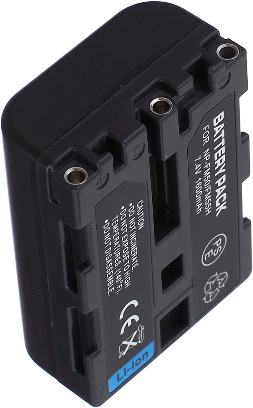 Side view of the Surpassed NP-FM50/FM55H battery pack, showing the caution labels and connection points.