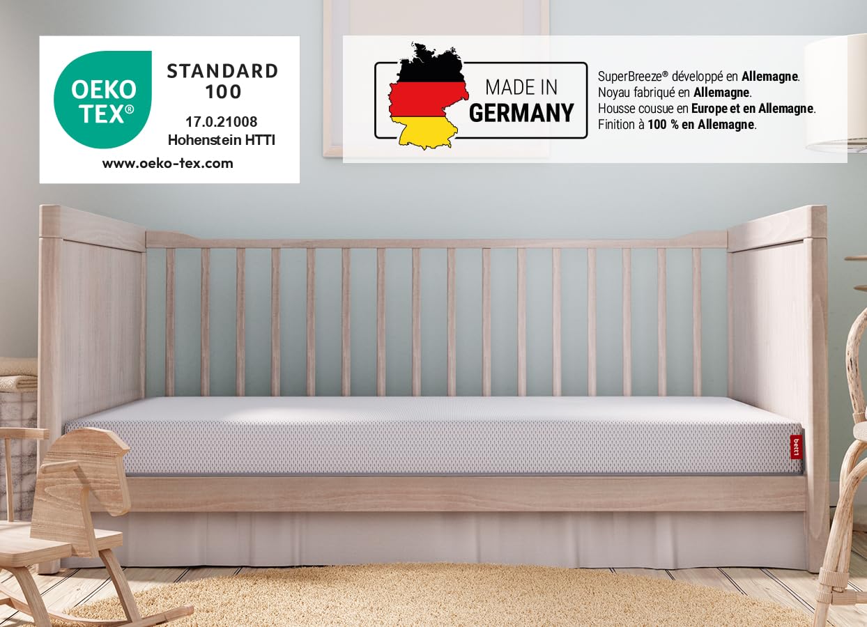 bett1 | Matelas bébé SuperBreeze® 70x140 cm. Sécurité, propreté pour les nouveau-nés, les bébés et les jeunes enfants. (Housse et surface de couchage lavable à 60 °C, bord renforcé, Oeko-TEX® 100)