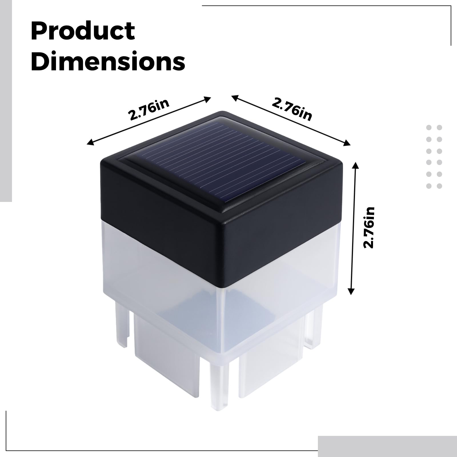 Zestaw 8 kwadratowych elementów oświetleniowych na słupki solarne, 7 x 7 x 7 cm, z czarnymi aluminiowymi zaślepkami, odpowiednich do ogrodzeń, przegród, słupków i oświetlenia zewnętrznego.