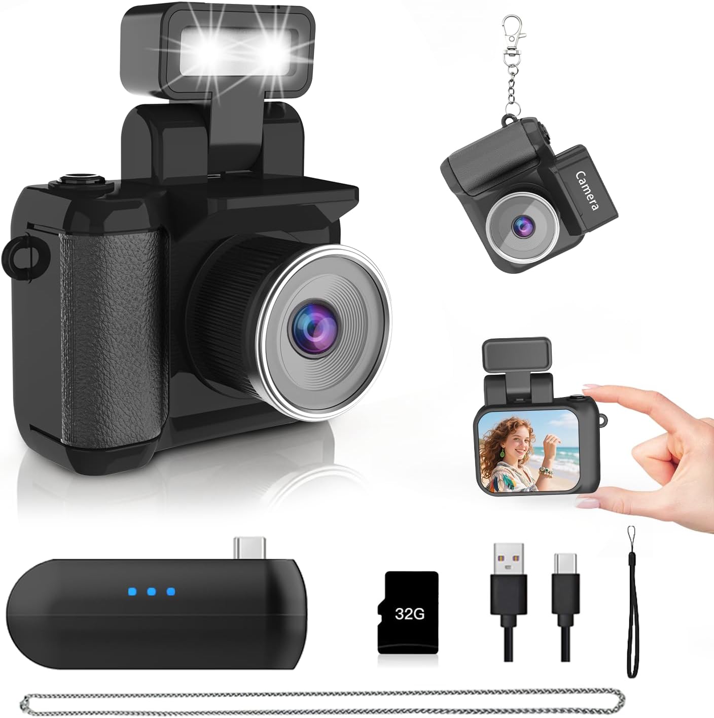 Mini Keychain Camera, Portable Retro Digital Camera with 32GB Card, Tiny Keychain Camera for Travel, Study, Vlog