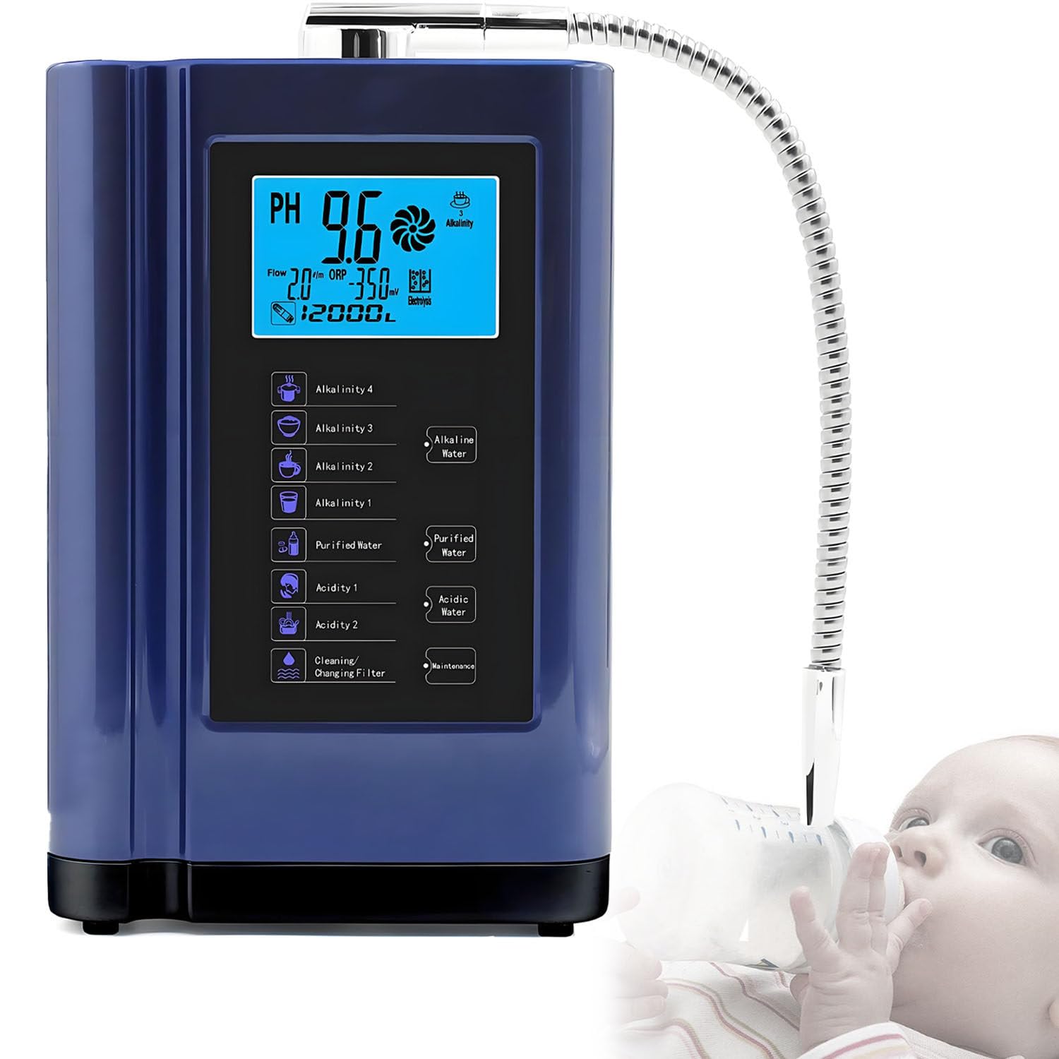Macchina per acqua alcalina e acida, PH 3,5-10,5, ionizzatore d'acqua, macchina per acqua ionizzata, ORP fino a -500 mV, 8000 litri per filtro, 7 impostazioni dell'acqua, pulizia automatica Blue