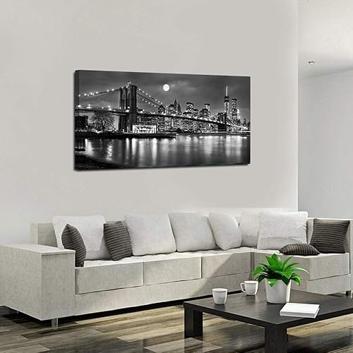 Miniatura 3 de LevvArts - Lienzo de Nueva York en blanco y negro con imagen del puente de Brooklyn, arte de pared, noche de luna llena, póster de la ciudad de