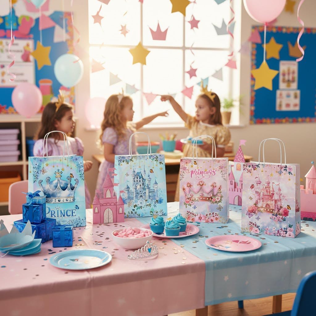 24 Pcs Princess Prince Party Favor Bags with Handles - Prince Princess Castle Goodie Gift Candy Treat Paper Bags for Birthday Gender Reveal Baby Shower Party - Image 7