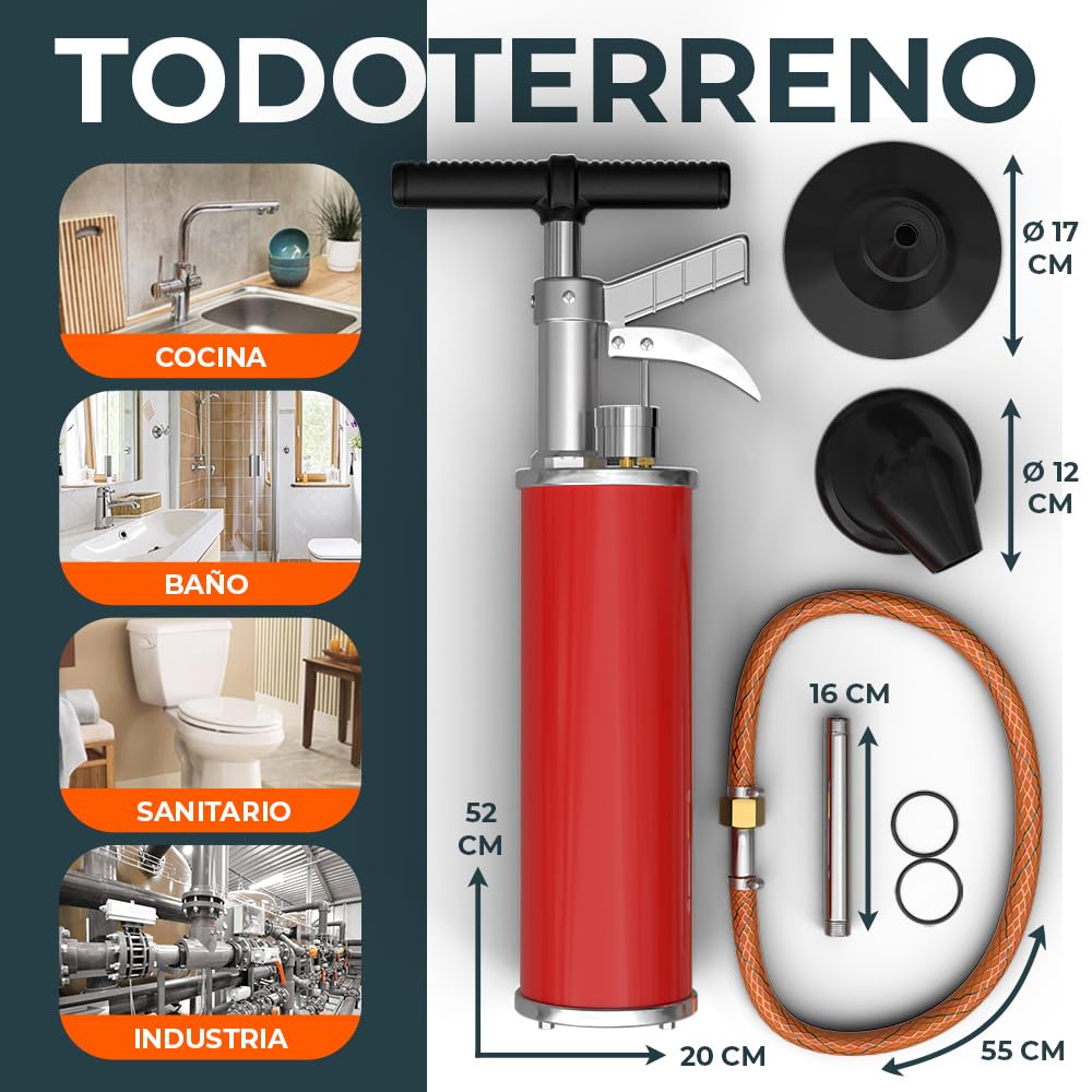 Bomba de limpieza de tuberías XXL [8 bares] - Bomba de drenaje para una limpieza eficaz de tuberías - Limpiador de tuberías de aire comprimido ideal para industria, cocina, baño e inodoro