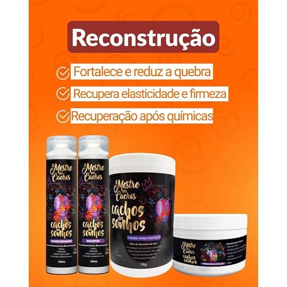 Kit Completo Cachos Dos Sonhos 3x300ml + 1kg Mestre Dos Cachos/Linha Cachos Dos Sonhos