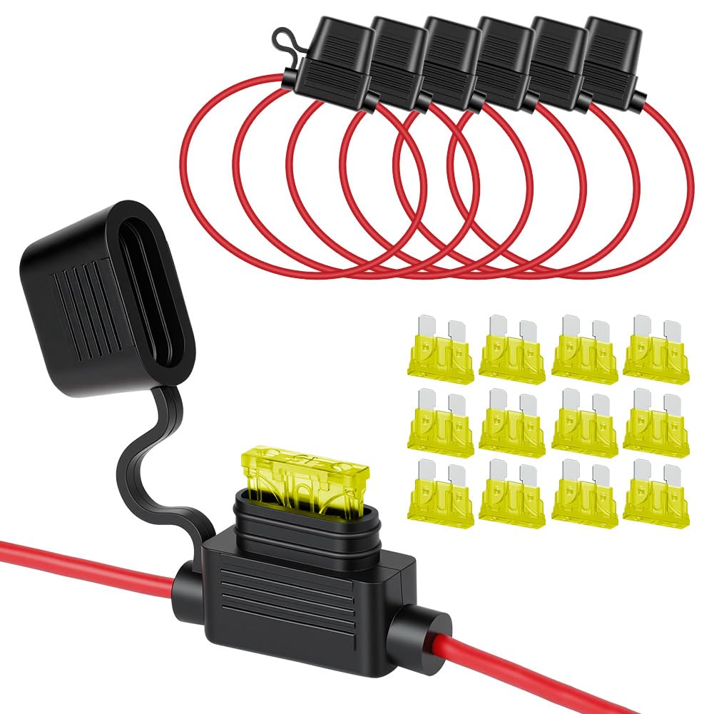 URAQT Inline Fuse Holder 14AWG 6Pack, Waterproof Standard Fuse Holder, Copper Wire, Inline Standard Blade Fuses Holders with 12 Pcs Standard 20A Car Fuses, for Cars, Trucks, Motorcycles, and Boats