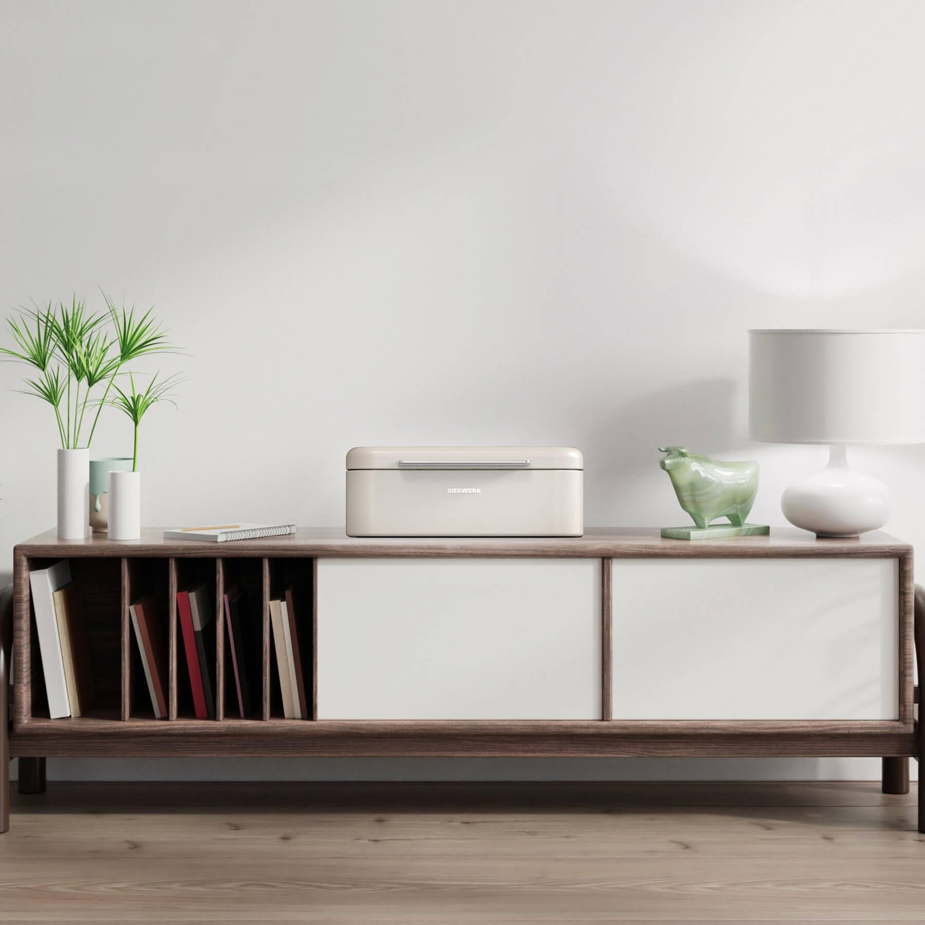 Design-Brotkasten PANOVA - Der Klassiker unter den Brotkasten - schwere, hochwertige Qualität - Korpus, Griff und Scharniere aus Metall - besonders langlebig - modernes Design - beige