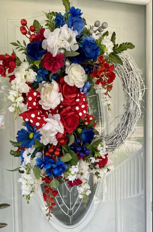 "SALE' Patriotic Grapevine Wreath for Front Door, Red,White