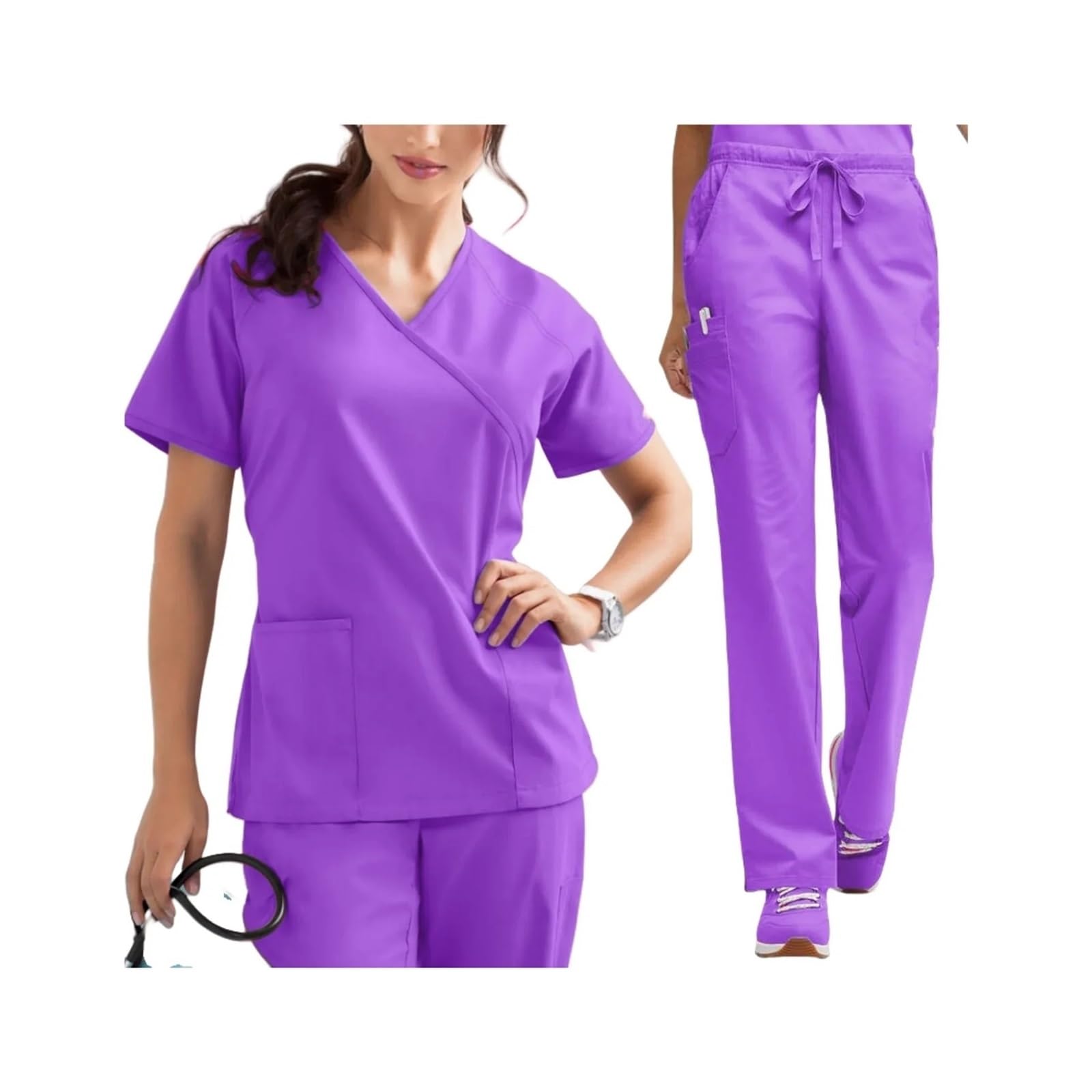 Monos Médicos Uniformes Blusas médicas elásticas con Bolsillos Pantalones Uniforme de Enfermera Monos de médico Salón de Belleza Trabajo(Purple,L)