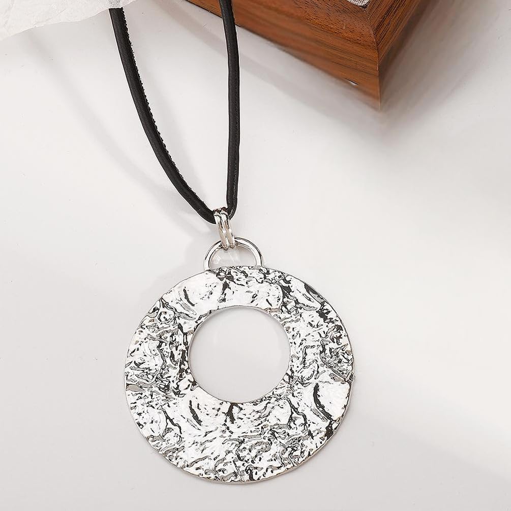 Large Gold Hammered Hollow Round Disc Pendant Necklace for Women, Retro Long Black Leather Rope Silver Circle Necklace Trendy Costume Accessories Jewelry - Image 5