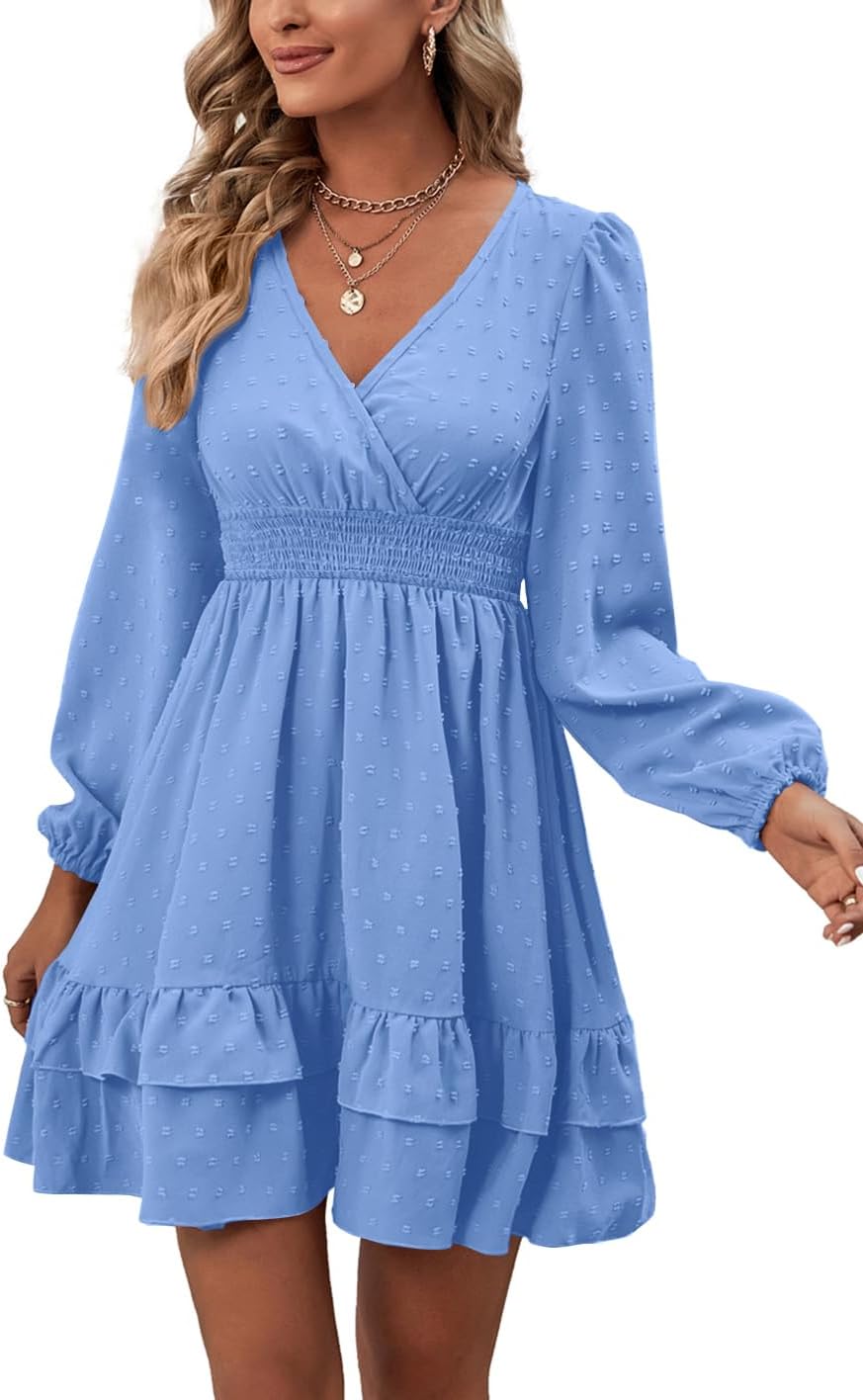 Rooscier Women's Wrap V Neck Swing Ruffle Swiss Dots Long Sleeve Mini Dress - Image 6