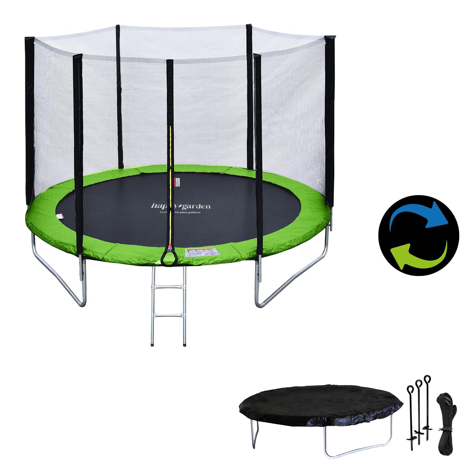 Pack Premium Trampoline de Jardin Rond pour Enfants 180cm réversible Vert/Bleu Cairns + Filet, échelle, bâche et kit d'ancrage, Montage Facile