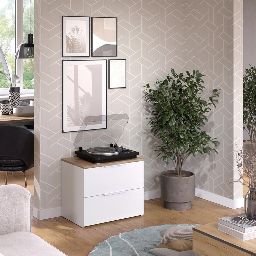 Vicco Commode Wido, Blanc/Sonoma, 60x50cm avec 2 tiroirs, pour Le Rangement de vêtements et d’Objets du Quotidien