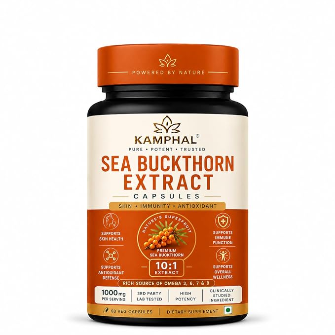 Sea Buckthorn Capsules 1000mg from Sea Buckthorn Berry Extract Powder for Skin, Immunity and Antioxidant Support, 60 Veg Capsules