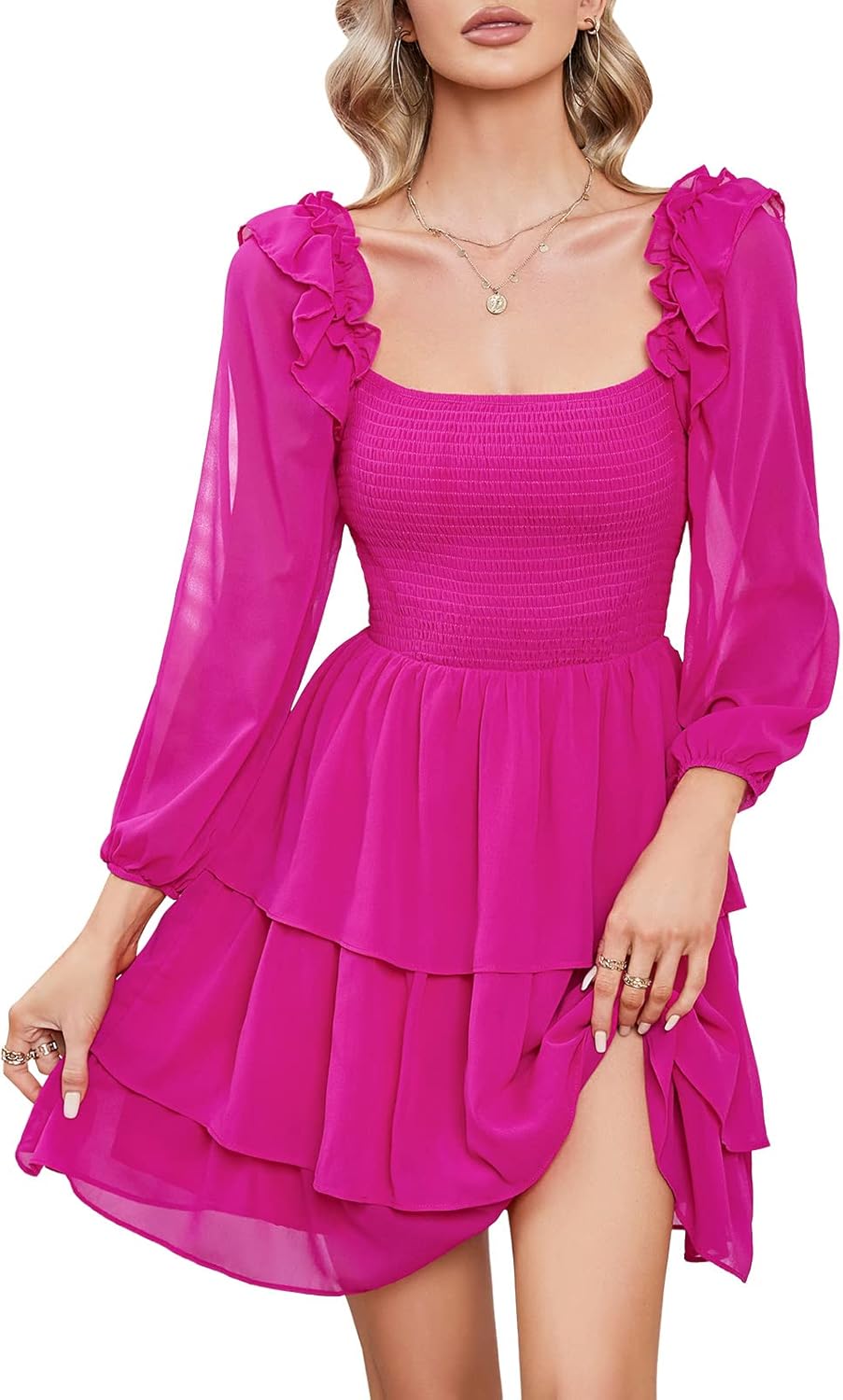 Byinns Women's Smocked Ruffle Mini Dress Square Neck Long Sleeve Party Dress Cute Cottagecore Wedding Guest Dress 2026 Trendy