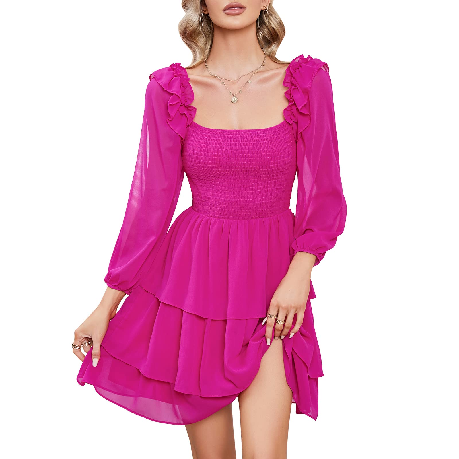 Byinns Women's Smocked Ruffle Mini Dress Square Neck Long Sleeve Party Dress Cute Cottagecore Wedding Guest Dress