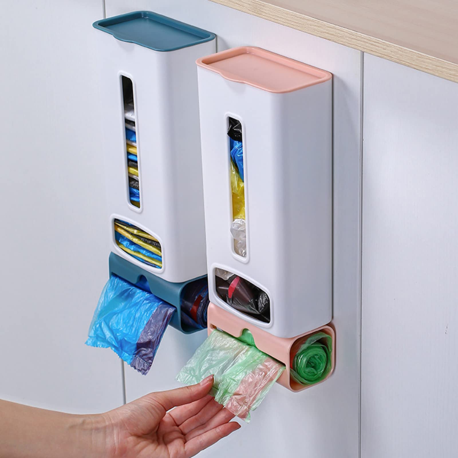 Dispensador de bolsas de plástico autoadhesivo para montar en la pared, caja de almacenamiento de basura de fácil acceso para armarios, color azul oscuro, fácil instalación, para tu espacio
