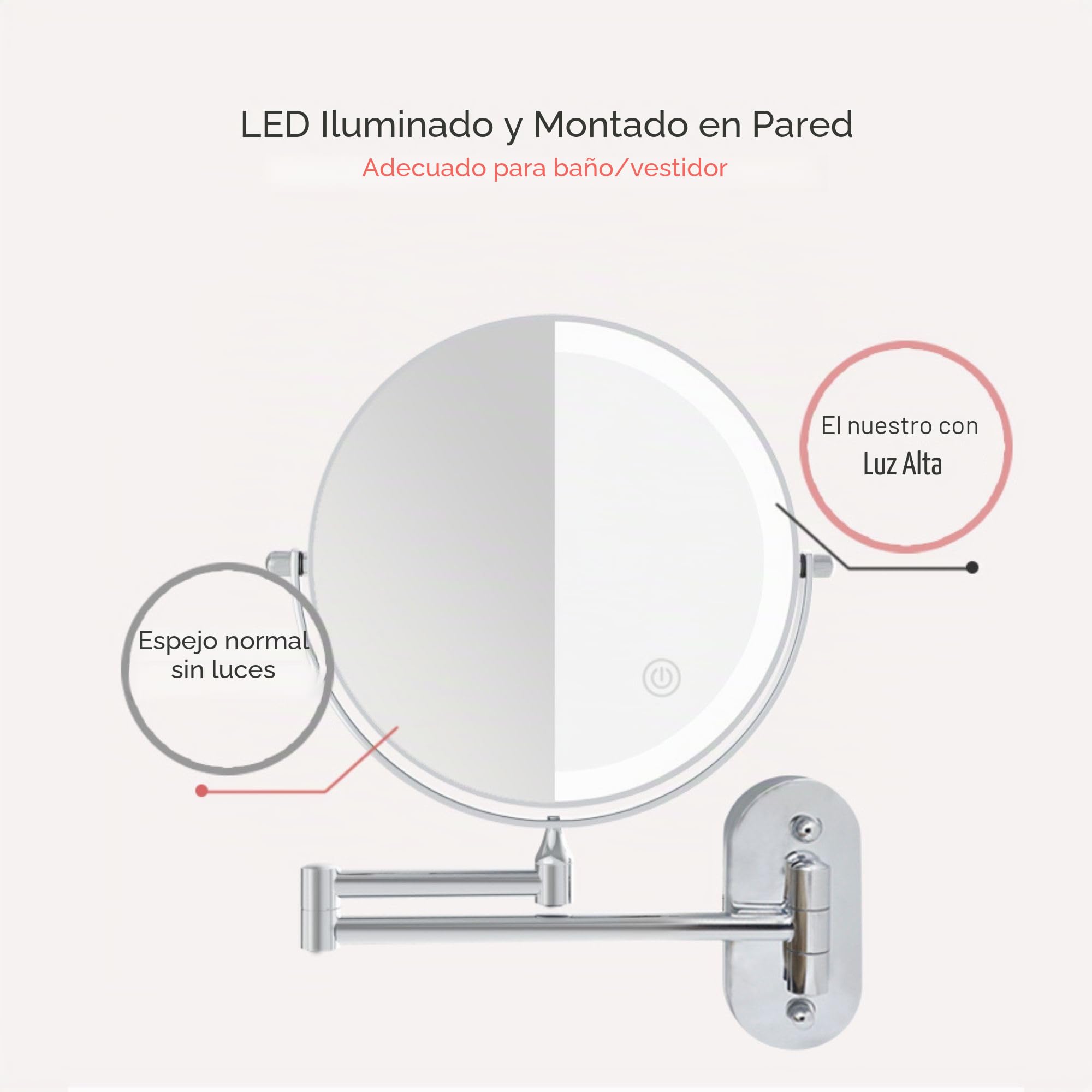 Espejo de Afeitado/Maquillaje con LED, 5 aumentos, 360º de rotación - Funciona con 4 Pilas AAA o Cable USB