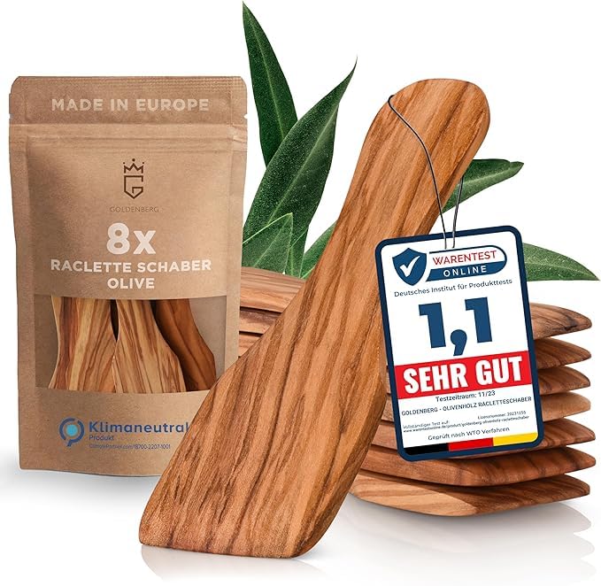 8 wunderschöne premium Raclette Schaber | italienisches Olivenholz | Made in EU | geölte & zertifiert | langlebige Raclette Spachtel für den mehrfachen Gebrauch