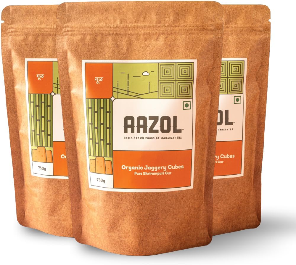 Aazol Organic Jaggery Cubes: Pure Shrirampuri Gur - 1.95kg (650g - Pack of 3) | Natural & Organic | Made with Pure Desi Cow Ghee | Best Texture | Long Shelf Life