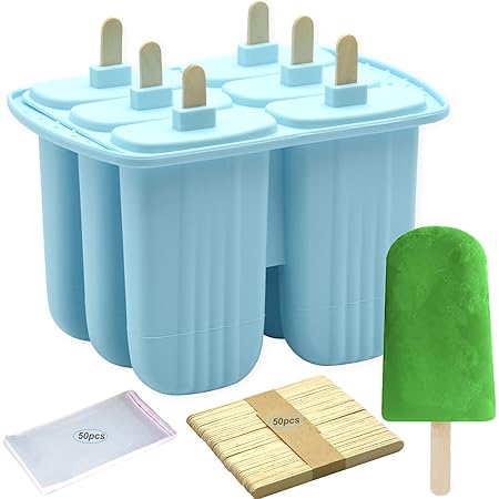 Bangp Popsicle Molds 6 Pieces,Silicone Ice Pop Molds BPA Free,Homemade Popsicle Maker,Reusable Easy Release Ice Pop Maker for Kids,with 50 Popsicle Sticks and 50 Popsicle Bags(Blue)