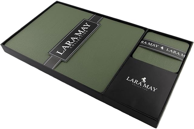 Sets of 6 Olive Green Recycled Leather Placemats (28cm x 21cm) and 6 Recycled Leather Coasters. Made in The UK by Lara-May Ltd. Sage Green Placemats.