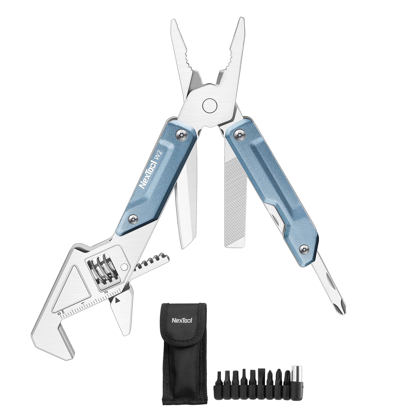 NexTool W2, 8 in 1 Multi Tool with Adjustable Wrench, Multitool Pliers, Pocket Knife, Screwdriver and File, Multi-Tool with 9 in 1 Bits Set and Nylon